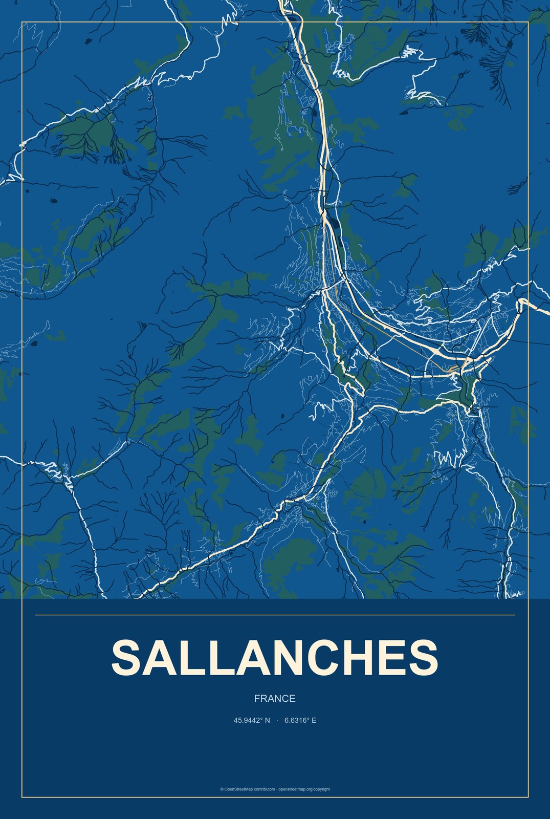 Sallanches, France City Map Aluminum Sign in Harbor Cobalt style