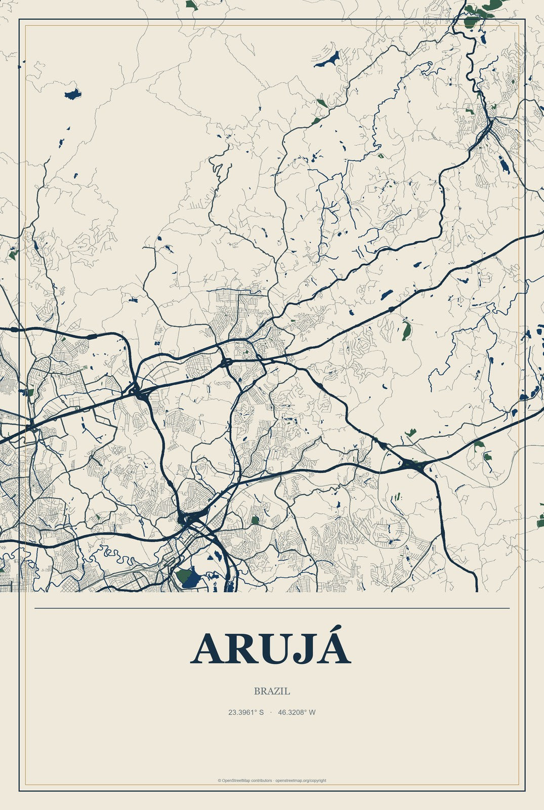 Arujá, Brazil City Map Aluminum Sign in Coastal Cutout style