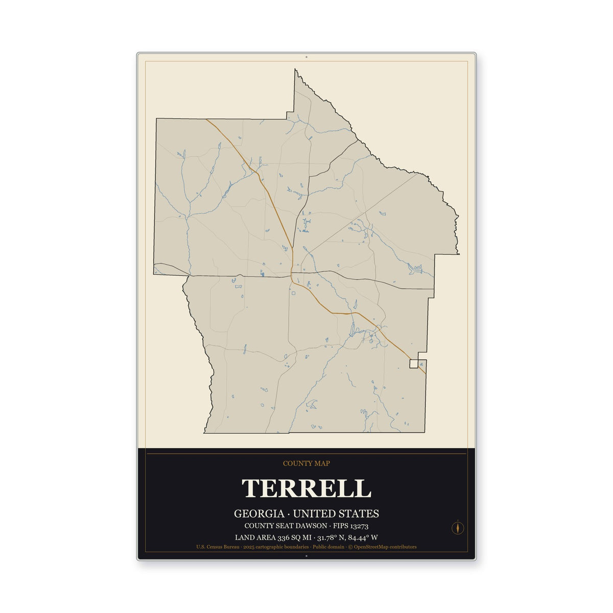 Terrell County, Georgia Map Aluminum Sign in Museum Plaque style