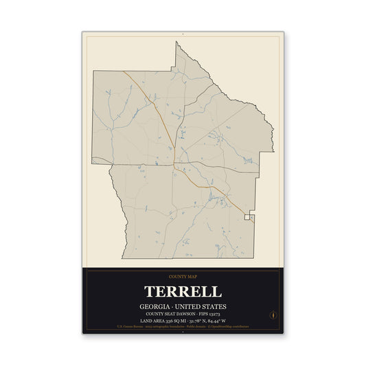 Terrell County, Georgia Map Aluminum Sign in Museum Plaque style