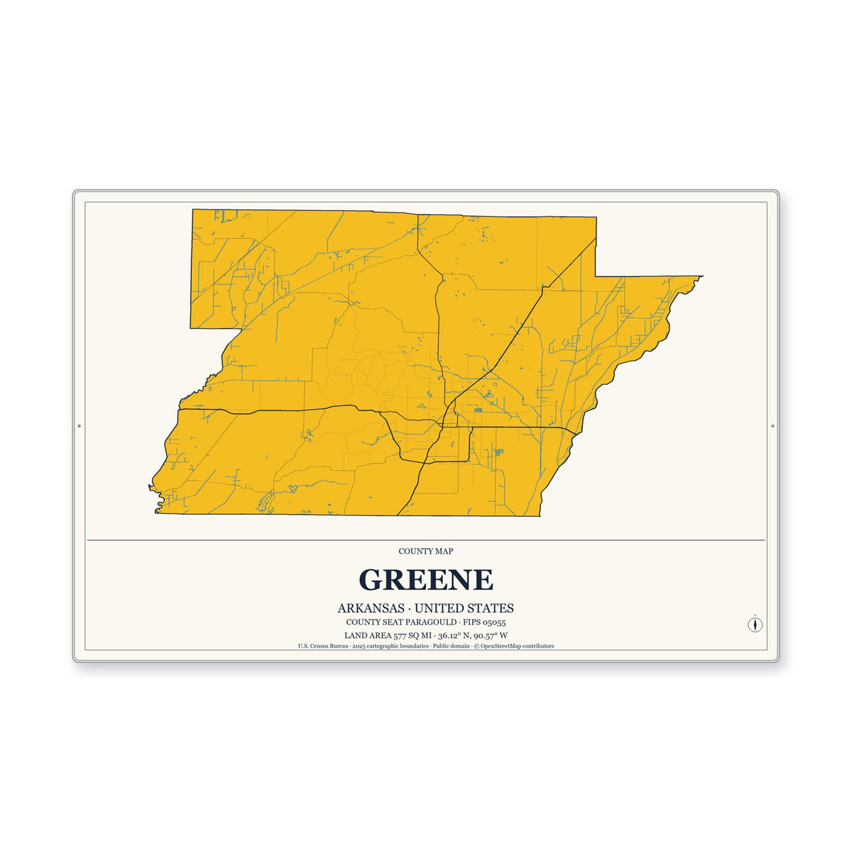 Greene County, Arkansas Map Aluminum Sign in Citrine Modern style