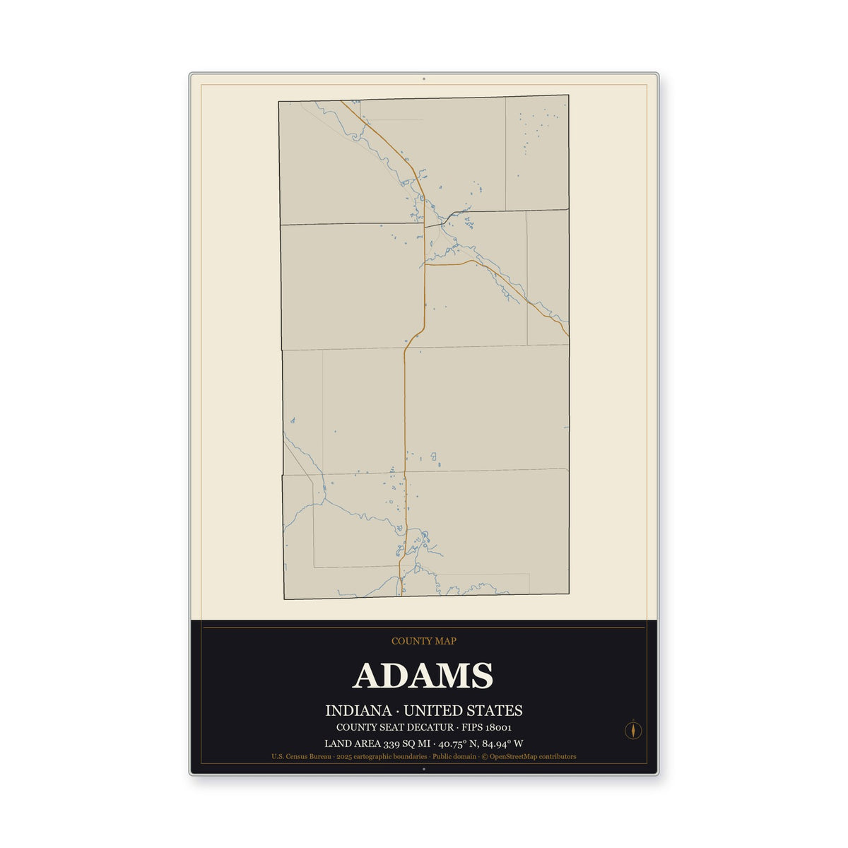Adams County, Indiana Map Aluminum Sign in Museum Plaque style