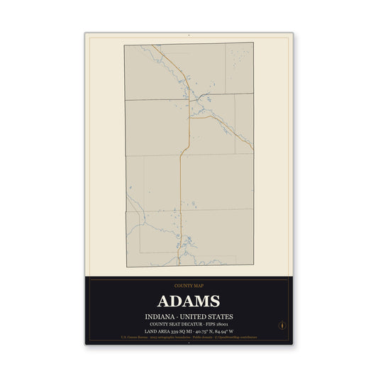 Adams County, Indiana Map Aluminum Sign in Museum Plaque style