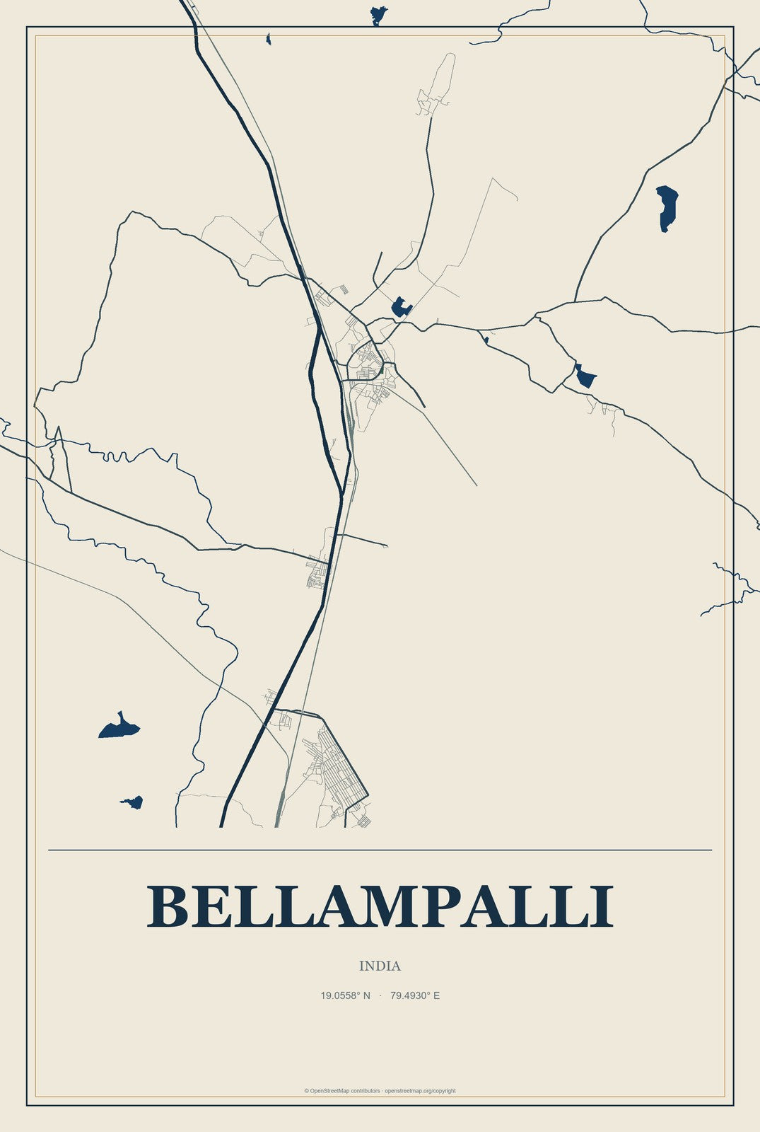 Bellampalli, India City Map Aluminum Sign in Coastal Cutout style