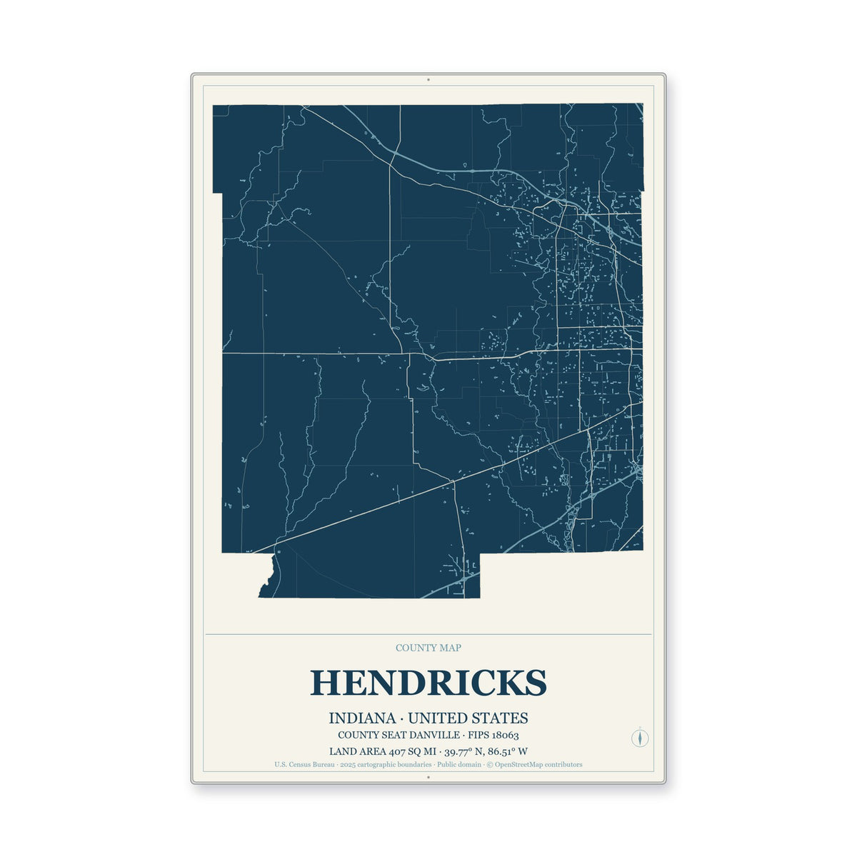 Hendricks County, Indiana Map Aluminum Sign in Coastal Cutout style