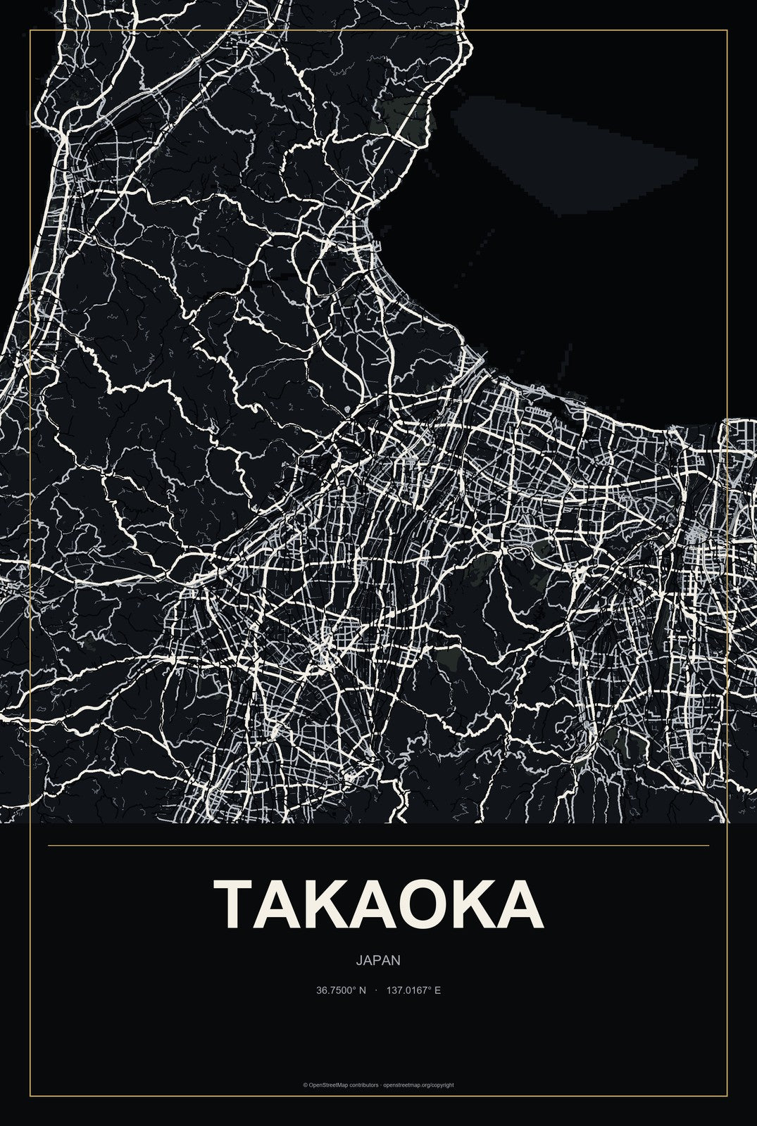 Takaoka, Japan City Map Aluminum Sign in Metropolitan Noir style