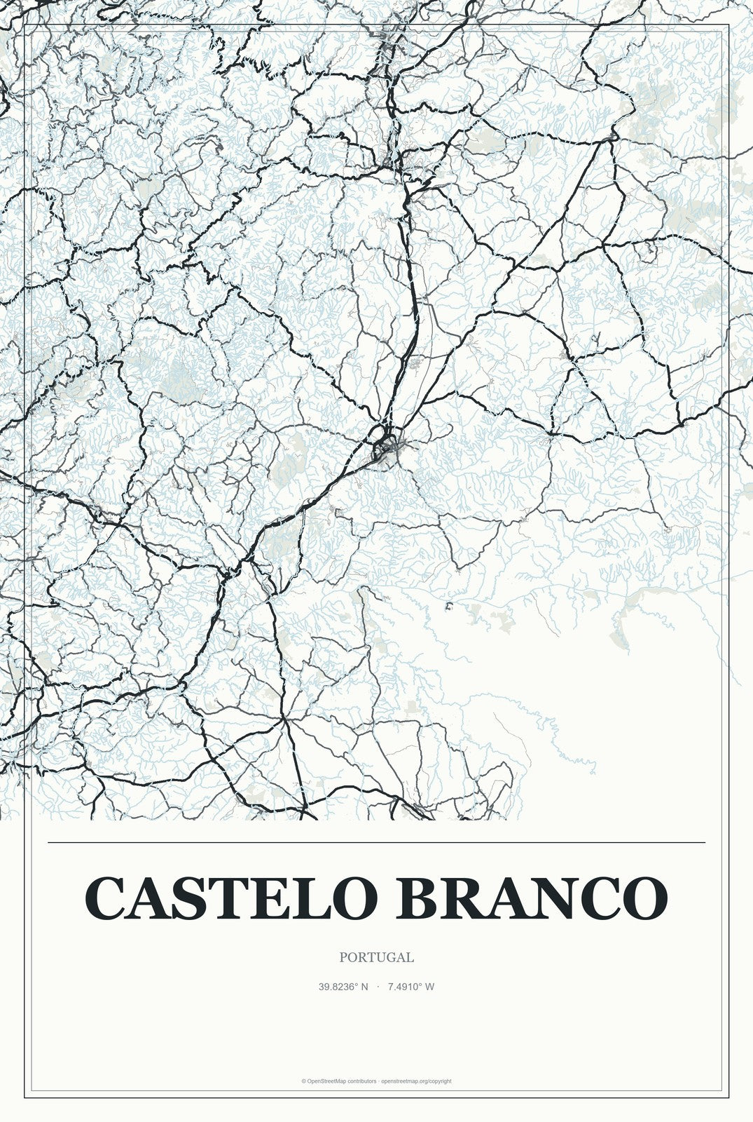 Castelo Branco, Portugal City Map Aluminum Sign in Gallery Air style