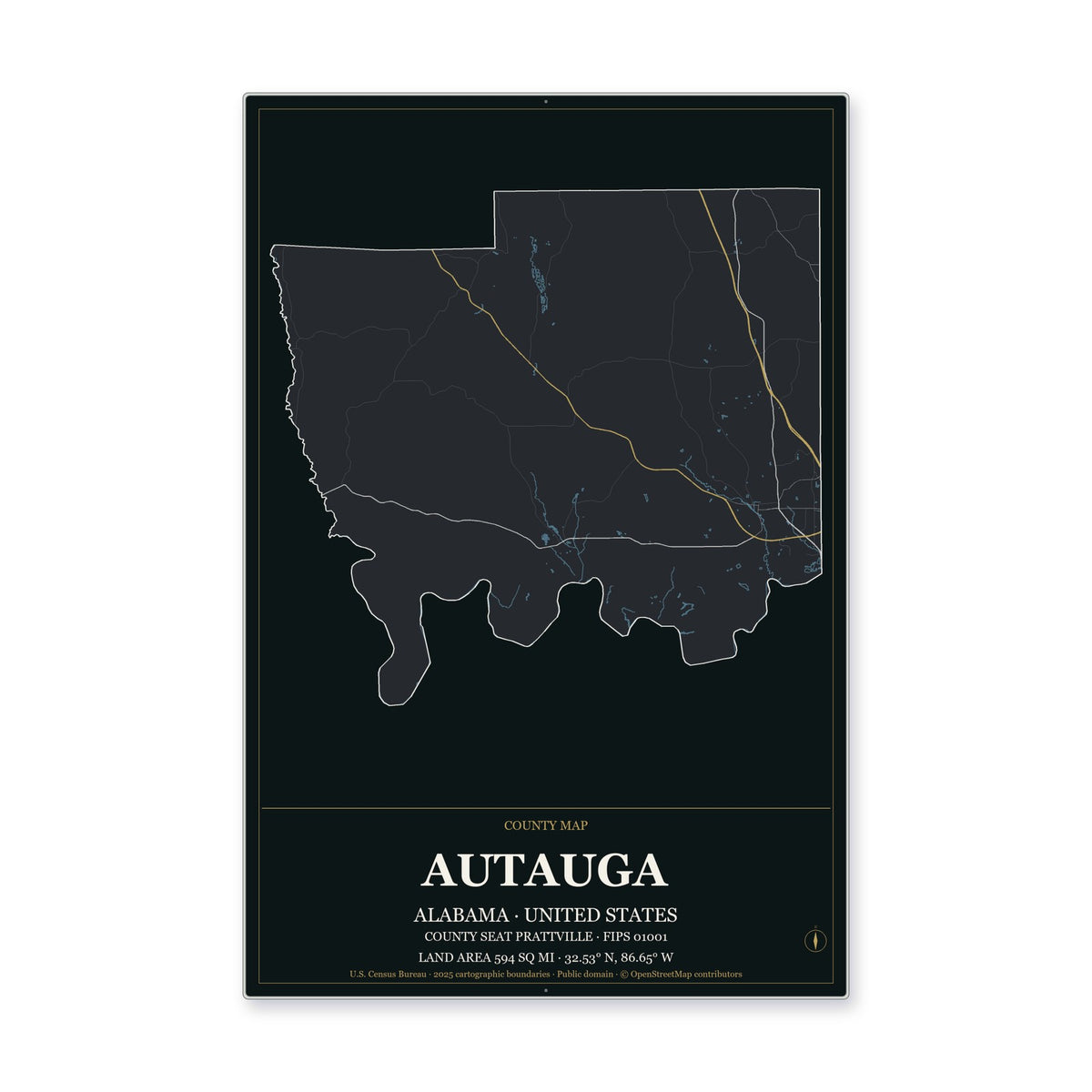Autauga County, Alabama Map Aluminum Sign in Metropolitan Noir style