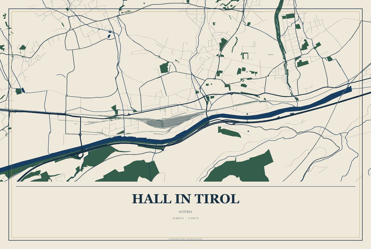 Hall in Tirol, Austria City Map Aluminum Sign in Coastal Cutout style