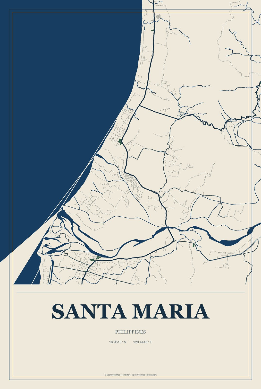 Santa Maria, Ilocos, Philippines City Map Aluminum Sign in Coastal Cutout style