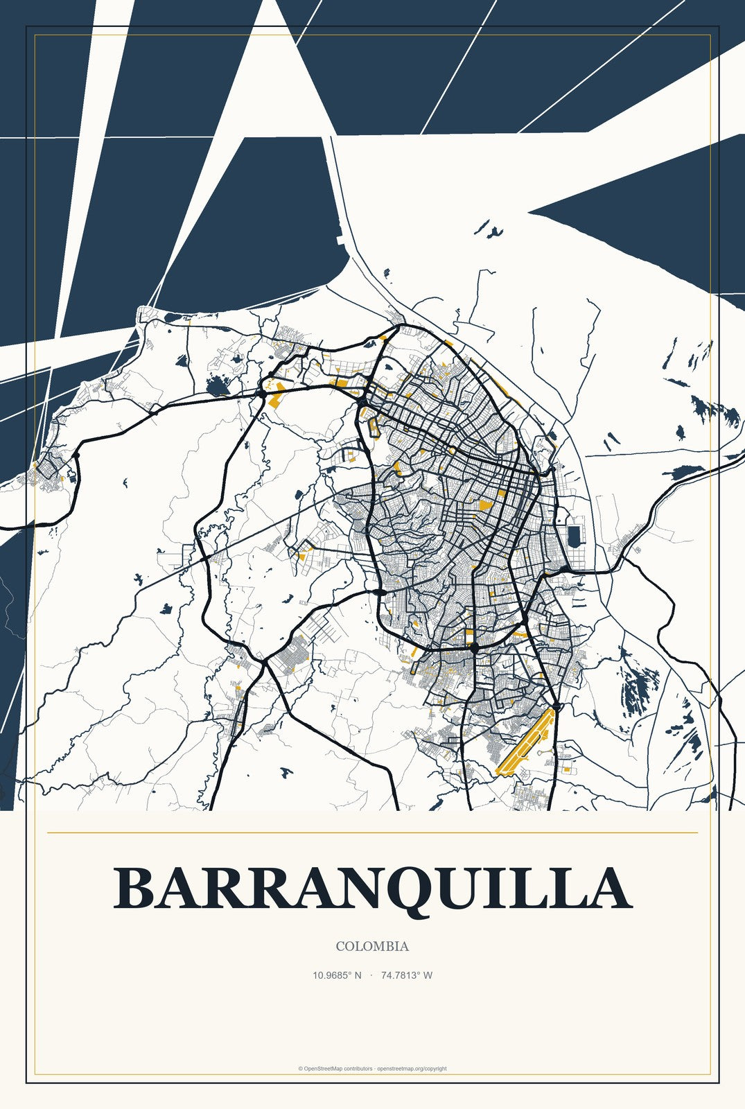 Barranquilla, Colombia City Map Aluminum Sign in Citrine Modern style