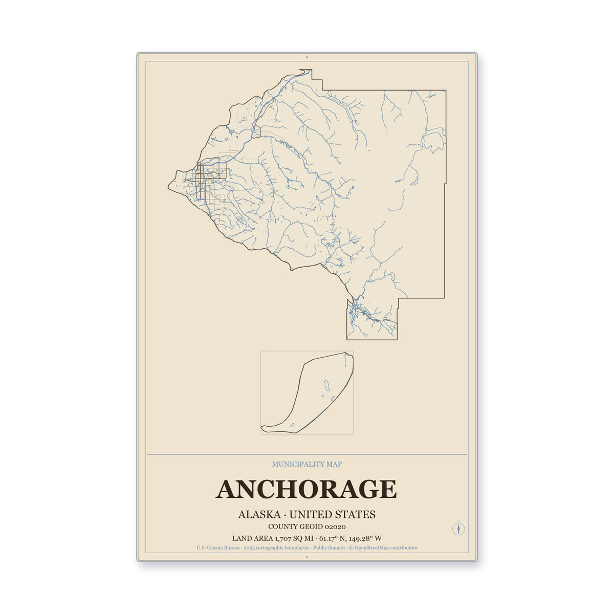Anchorage Municipality, Alaska Map Aluminum Sign in Heritage Nautical style