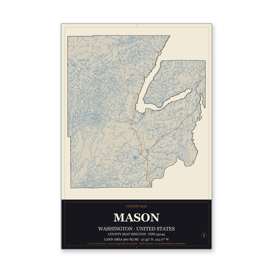 Mason County, Washington Map Aluminum Sign in Museum Plaque style