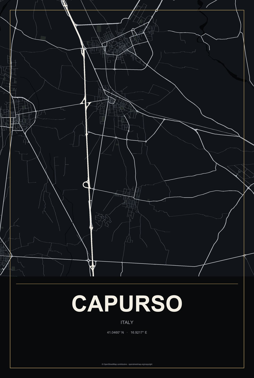 Capurso, Italy City Map Aluminum Sign in Metropolitan Noir style