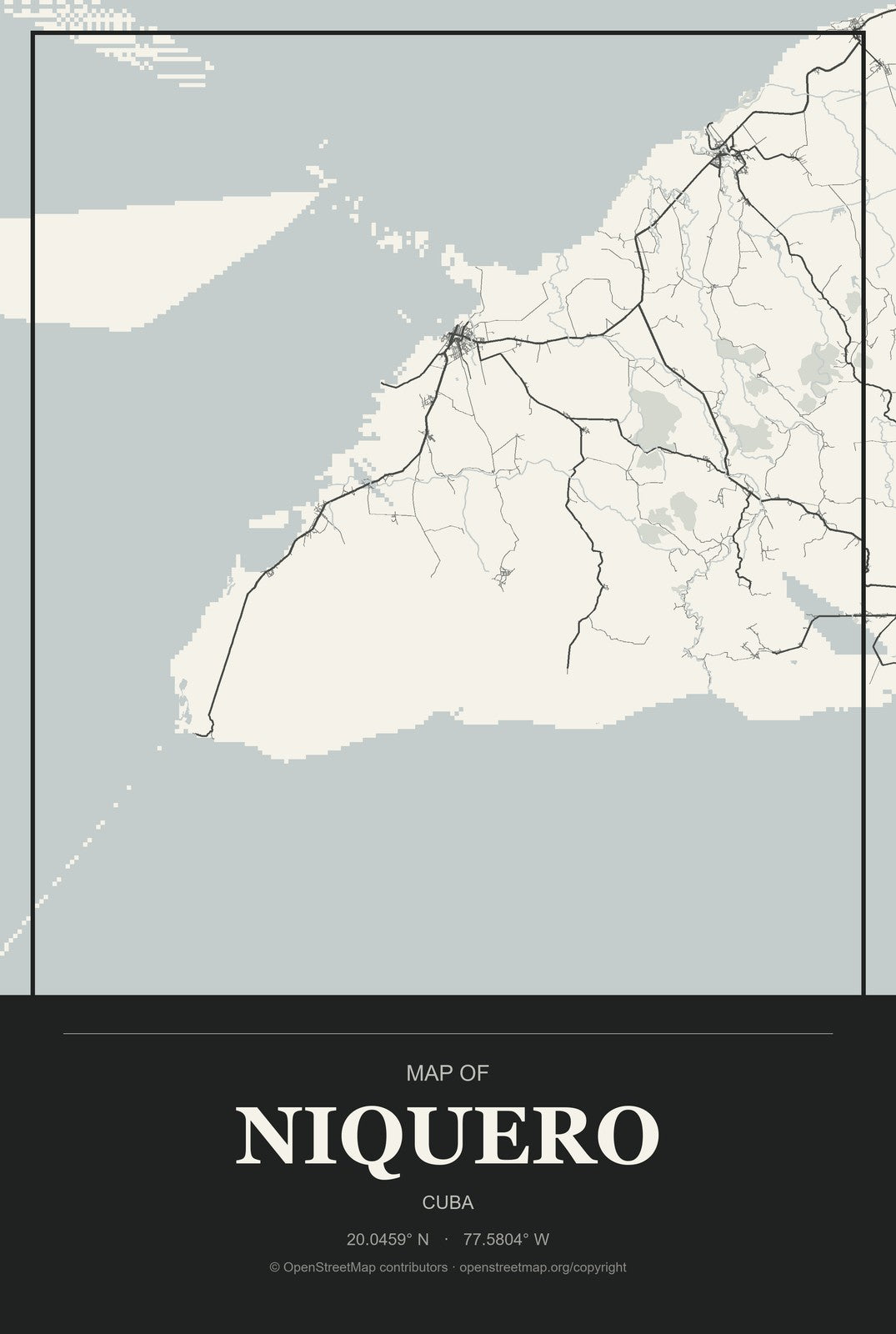 Niquero, Cuba City Map Aluminum Sign in Museum Plaque style