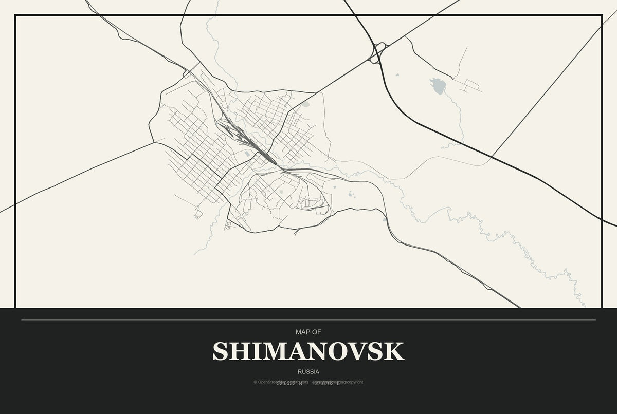 Shimanovsk, Russia City Map Aluminum Sign in Museum Plaque style