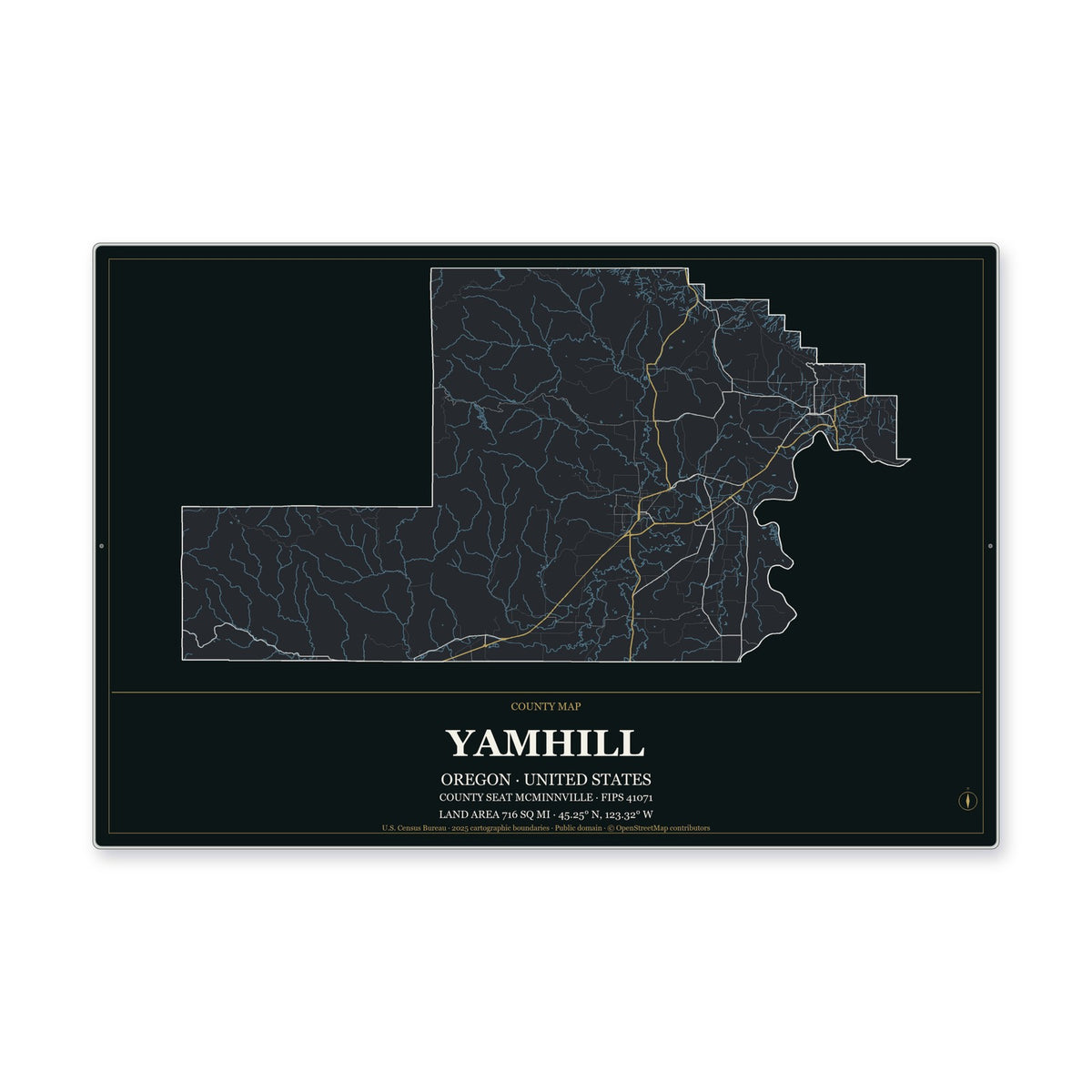 Yamhill County, Oregon Map Aluminum Sign in Metropolitan Noir style