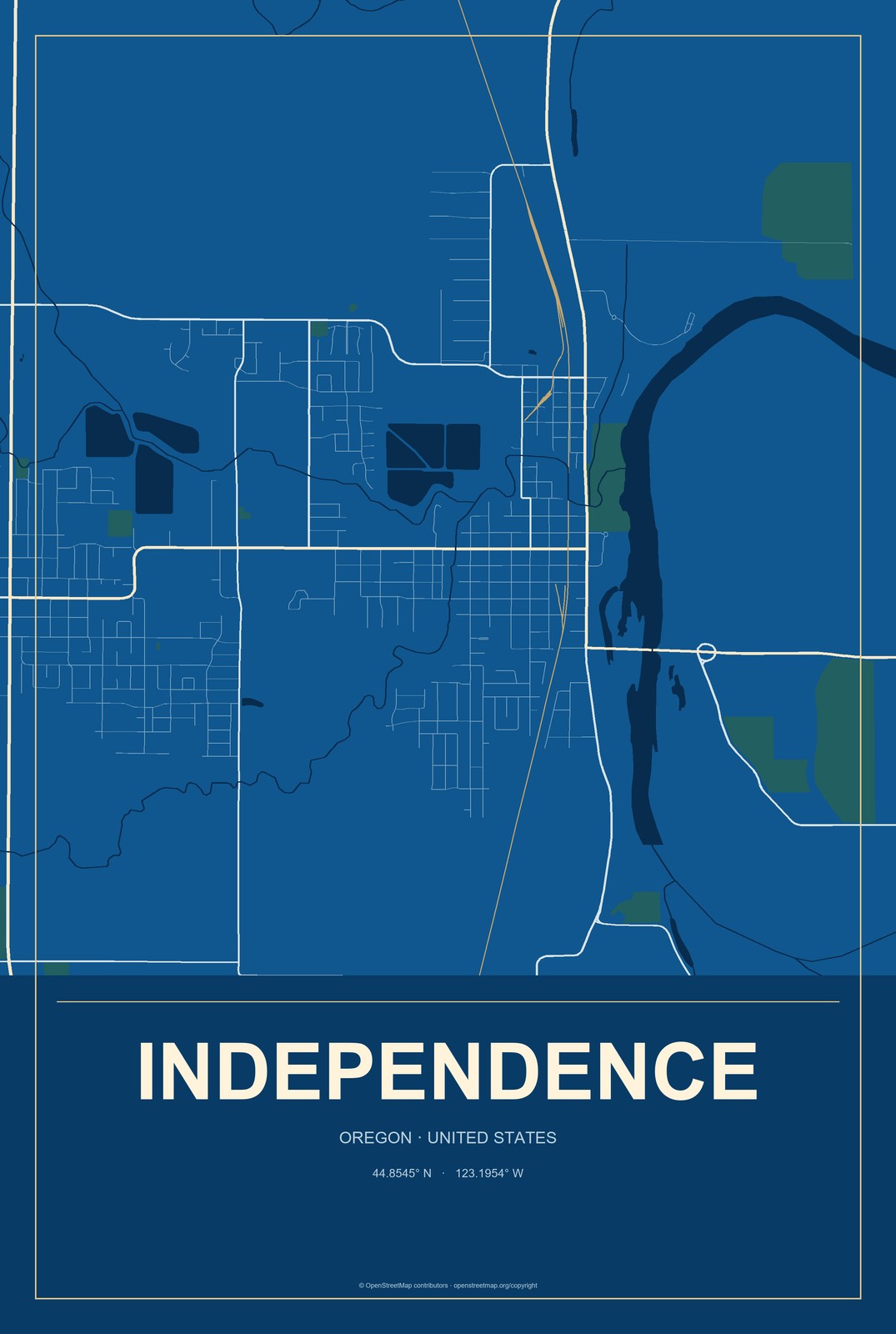 Independence, Oregon City Map Aluminum Sign in Harbor Cobalt style