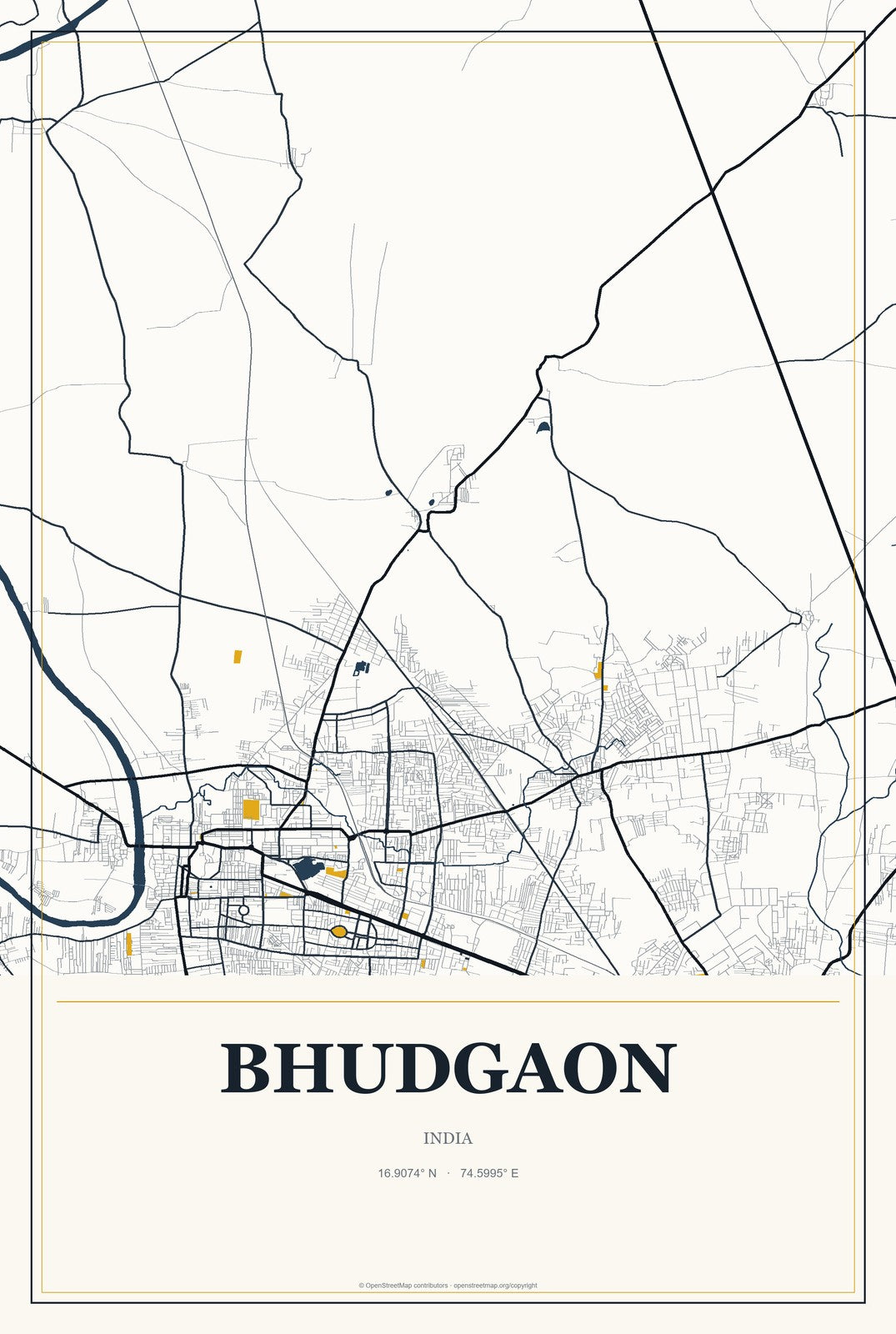 Bhudgaon, India City Map Aluminum Sign in Citrine Modern style