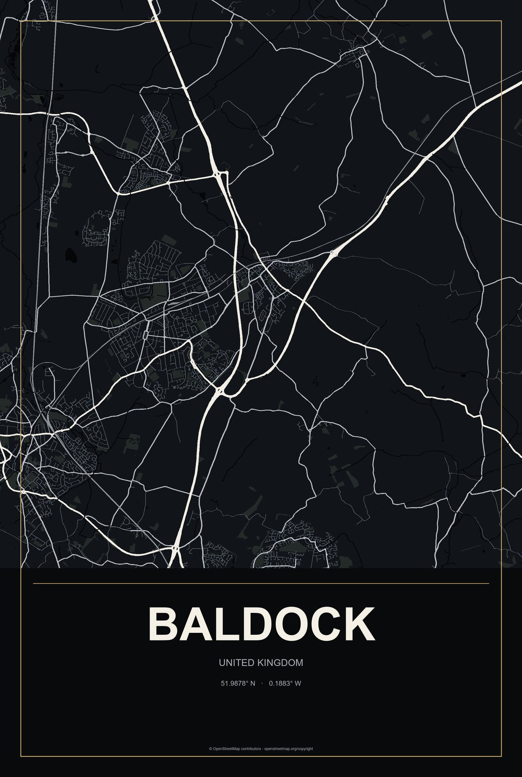 Baldock, United Kingdom City Map Aluminum Sign in Metropolitan Noir style