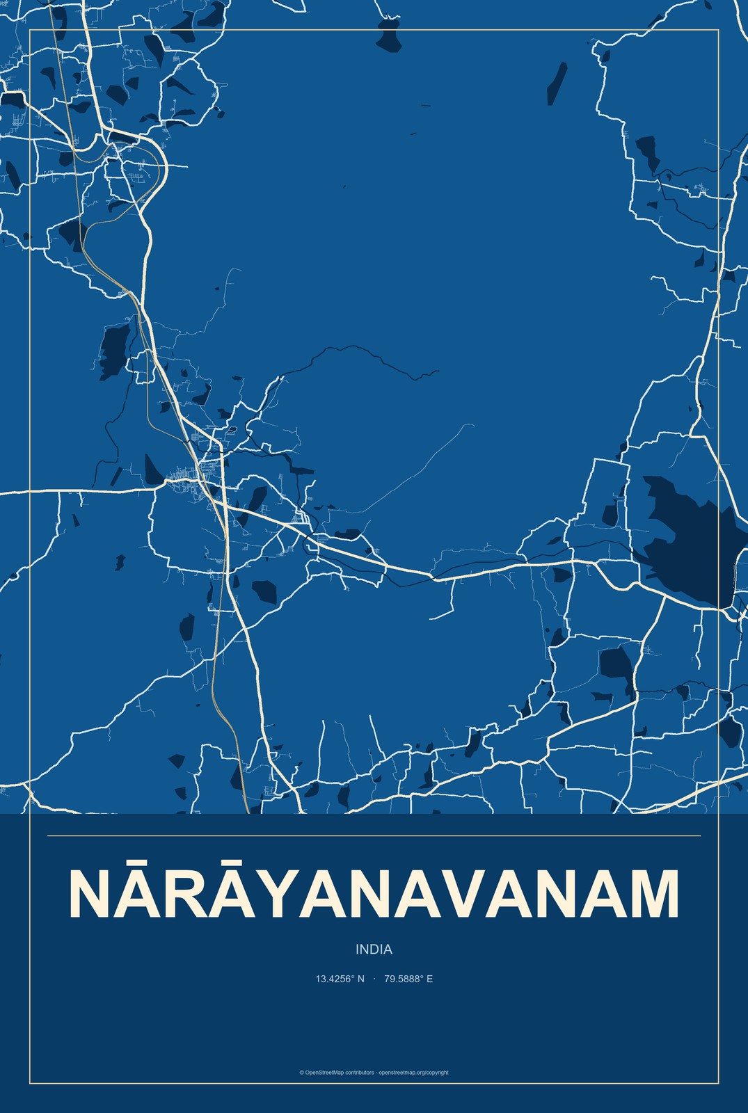 Nārāyanavanam, India City Map Aluminum Sign in Harbor Cobalt style