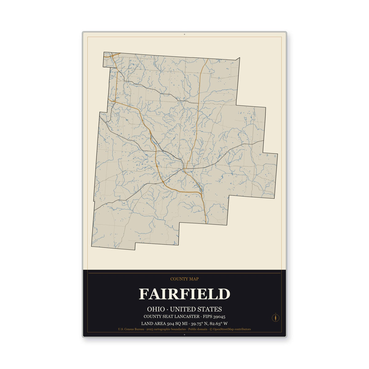 Fairfield County, Ohio Map Aluminum Sign in Museum Plaque style