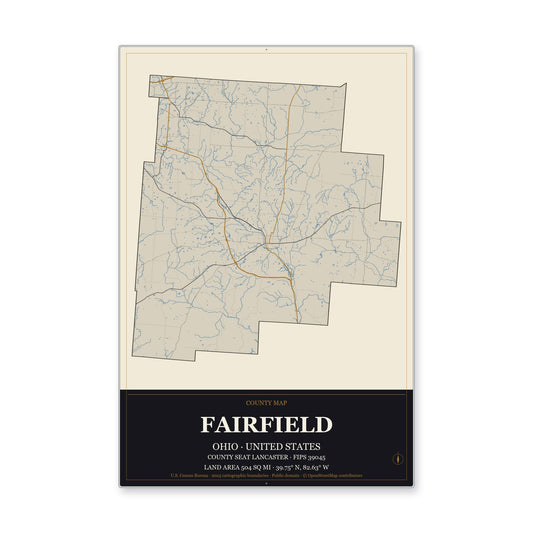 Fairfield County, Ohio Map Aluminum Sign in Museum Plaque style