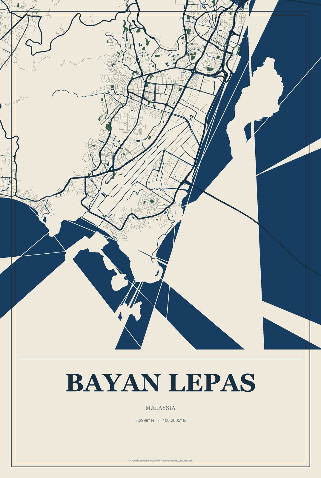 Bayan Lepas, Malaysia City Map Aluminum Sign in Coastal Cutout style