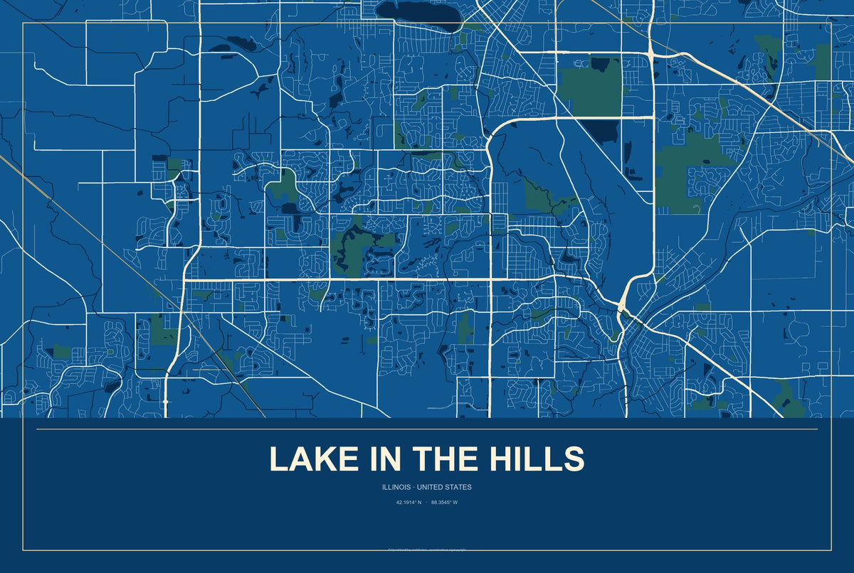 Lake in the Hills, Illinois City Map Aluminum Sign in Harbor Cobalt style