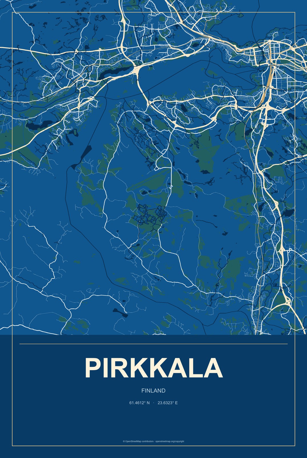 Pirkkala, Finland City Map Aluminum Sign in Harbor Cobalt style