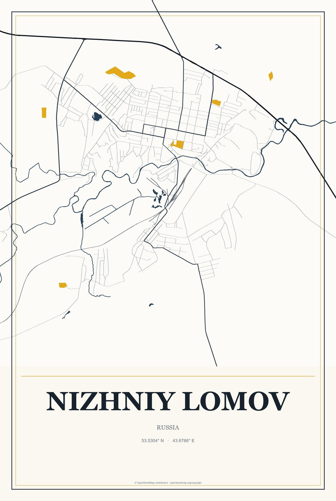 Nizhniy Lomov, Russia City Map Aluminum Sign in Citrine Modern style