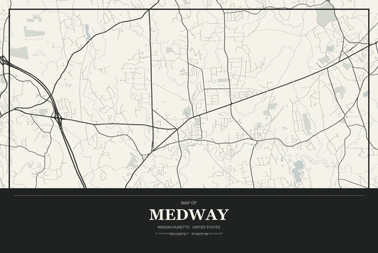 Medway, Massachusetts City Map Aluminum Sign in Museum Plaque style