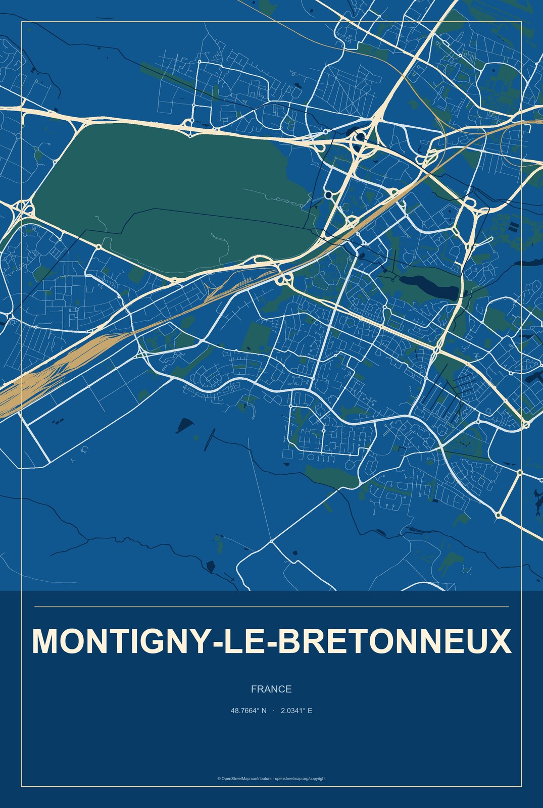 Montigny-le-Bretonneux, France City Map Aluminum Sign in Harbor Cobalt style