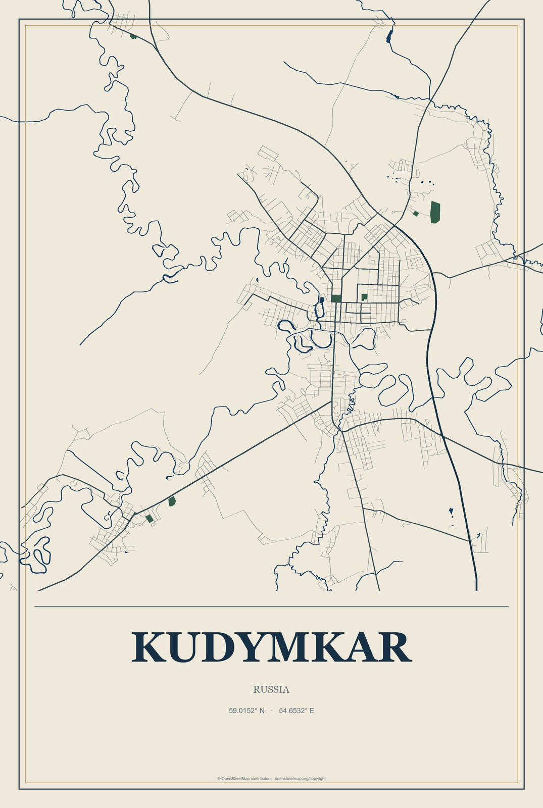 Kudymkar, Russia City Map Aluminum Sign in Coastal Cutout style