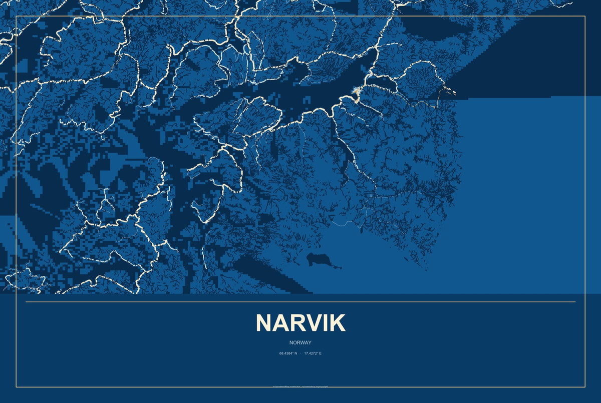 Narvik, Norway City Map Aluminum Sign in Harbor Cobalt style