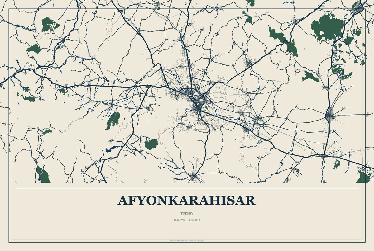 Afyonkarahisar, Turkey City Map Aluminum Sign in Coastal Cutout style