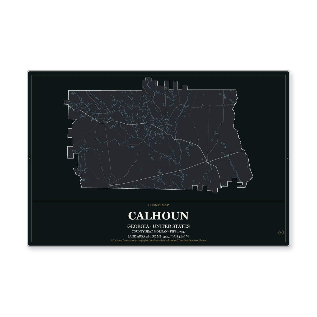 Calhoun County, Georgia Map Aluminum Sign in Metropolitan Noir style