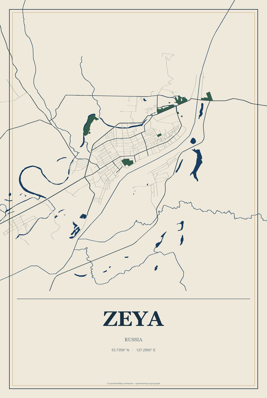 Zeya, Russia City Map Aluminum Sign in Coastal Cutout style