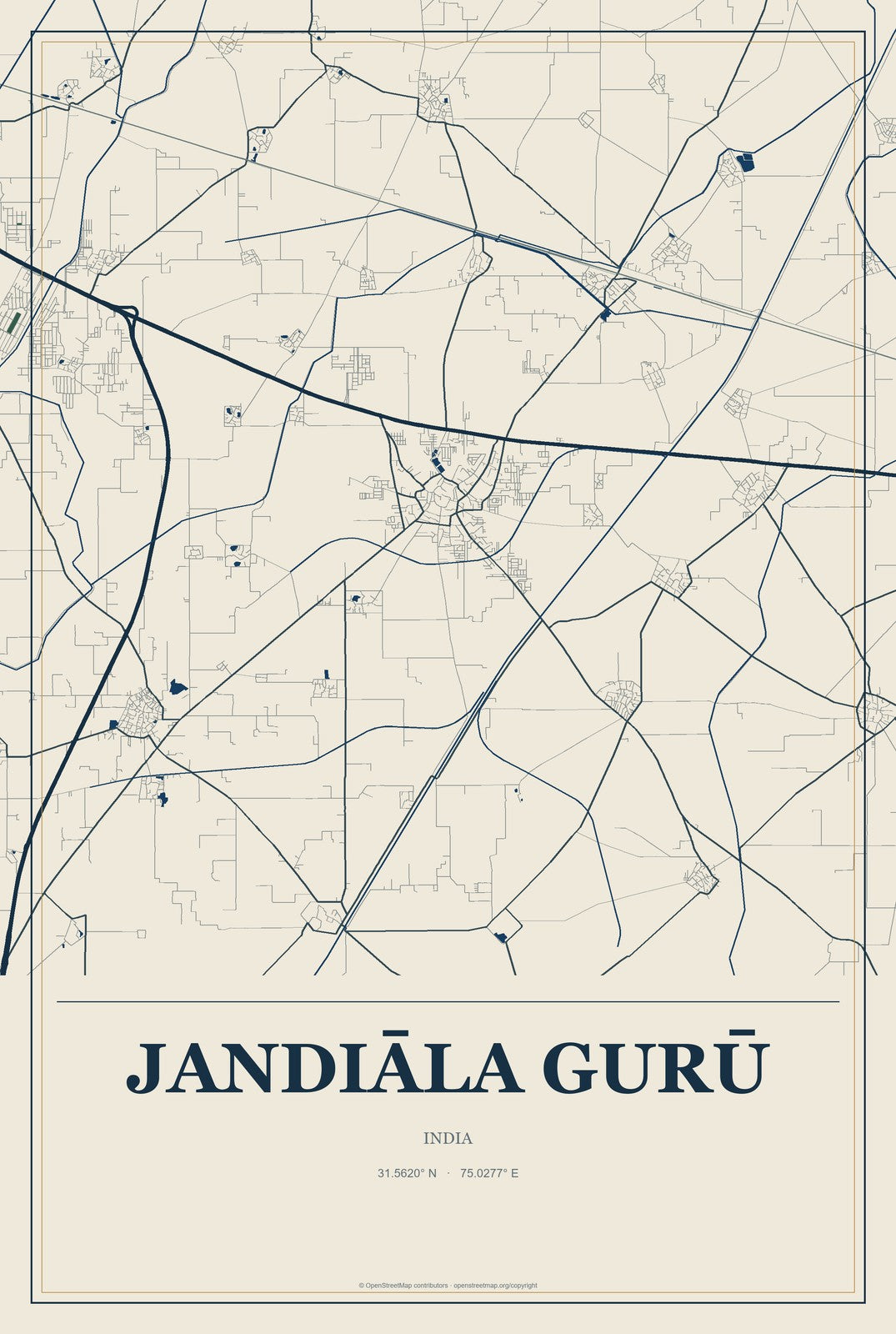 Jandiāla Gurū, India City Map Aluminum Sign in Coastal Cutout style