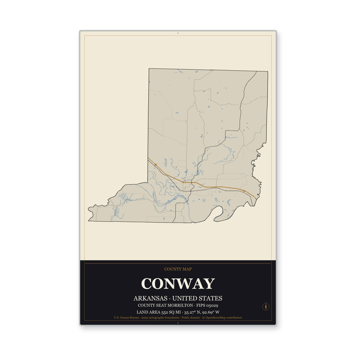 Conway County, Arkansas Map Aluminum Sign in Museum Plaque style