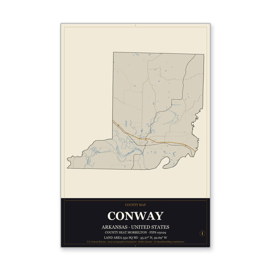 Conway County, Arkansas Map Aluminum Sign in Museum Plaque style