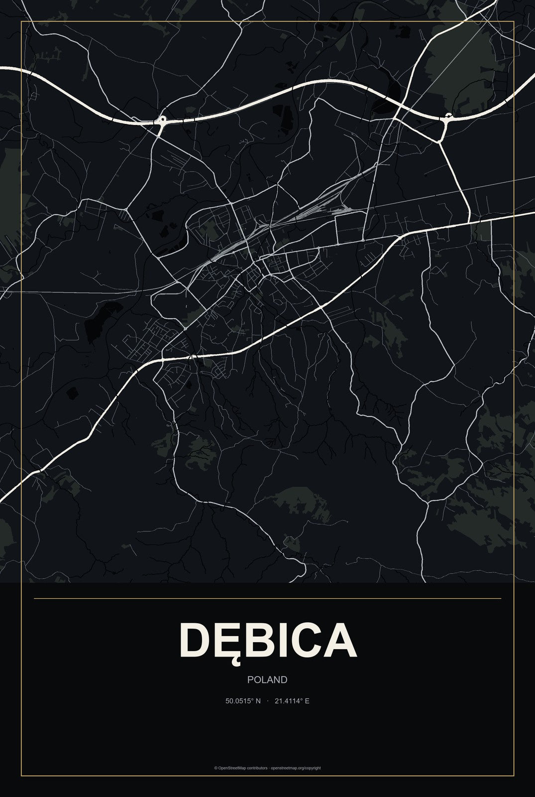 Dębica, Poland City Map Aluminum Sign in Metropolitan Noir style