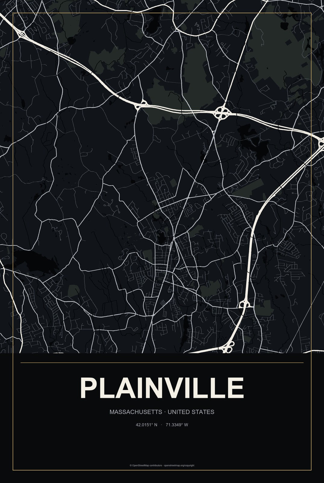 Plainville, Massachusetts City Map Aluminum Sign in Metropolitan Noir style