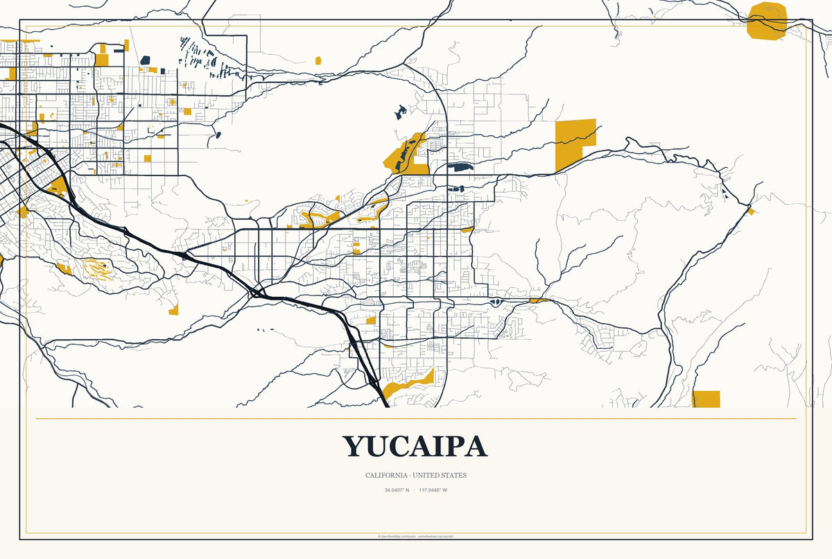 Yucaipa, California City Map Aluminum Sign in Citrine Modern style