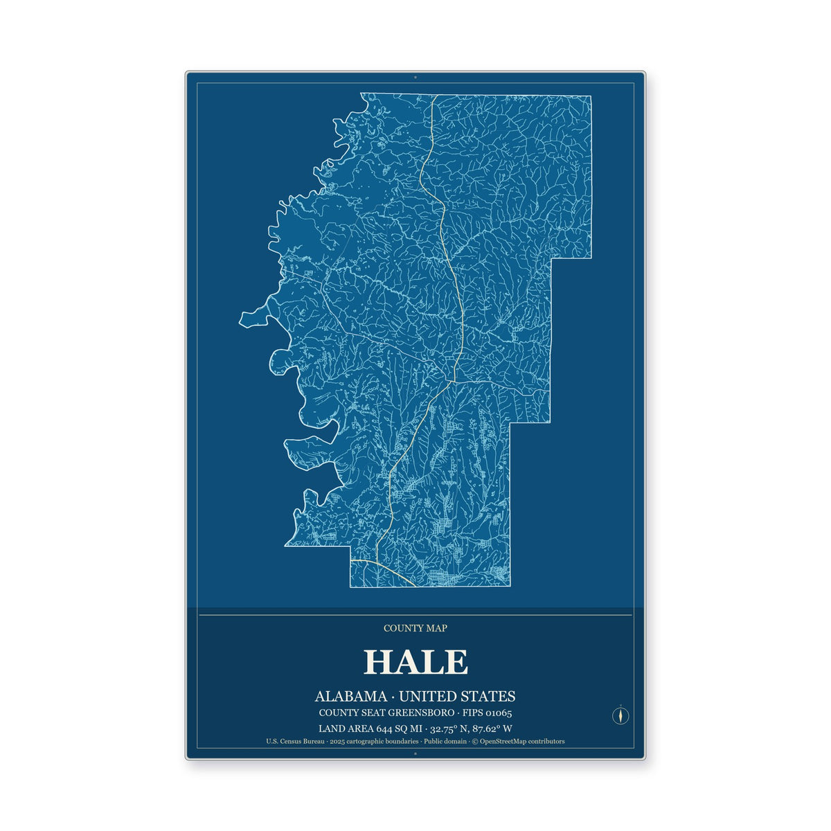 Hale County, Alabama Map Aluminum Sign in Harbor Cobalt style