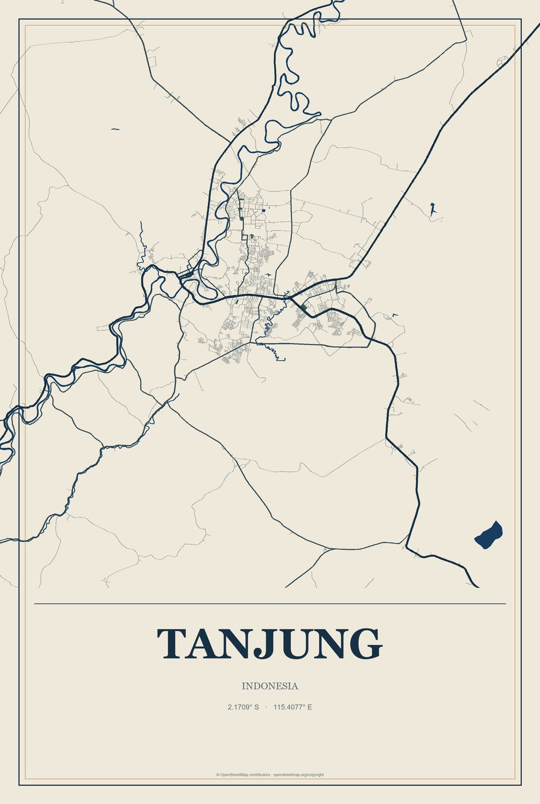 Tanjung, Indonesia City Map Aluminum Sign in Coastal Cutout style