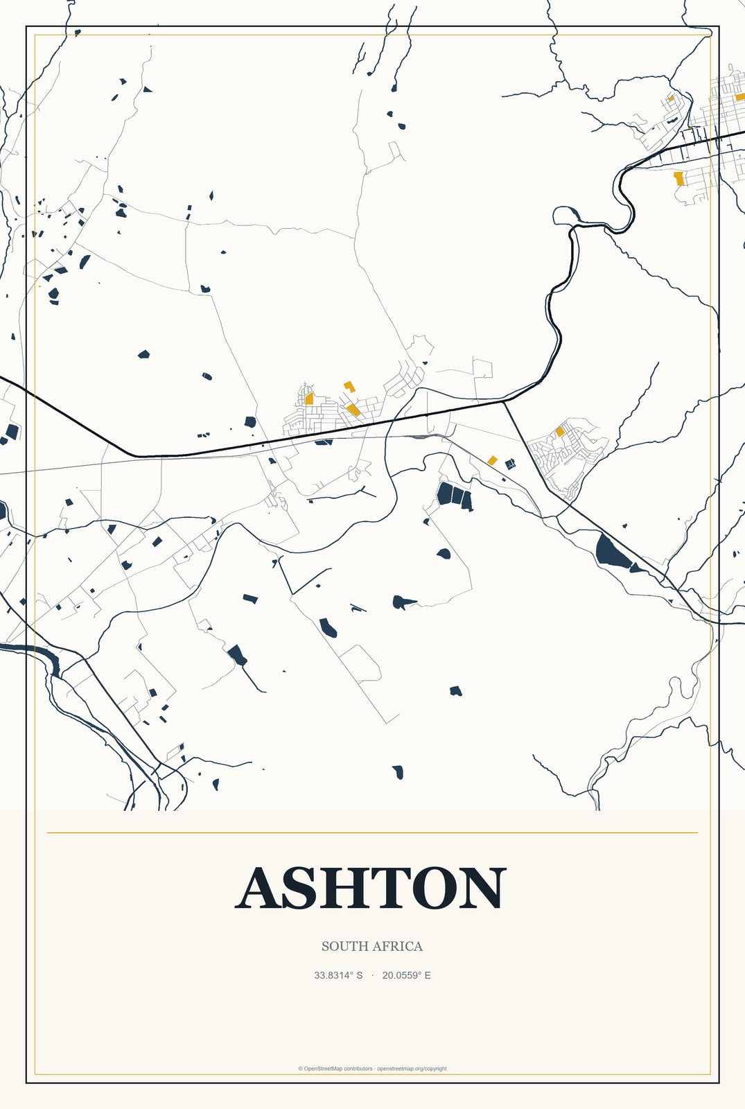 Ashton, South Africa City Map Aluminum Sign in Citrine Modern style