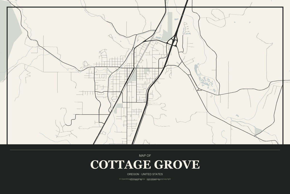 Cottage Grove, Oregon City Map Aluminum Sign in Museum Plaque style