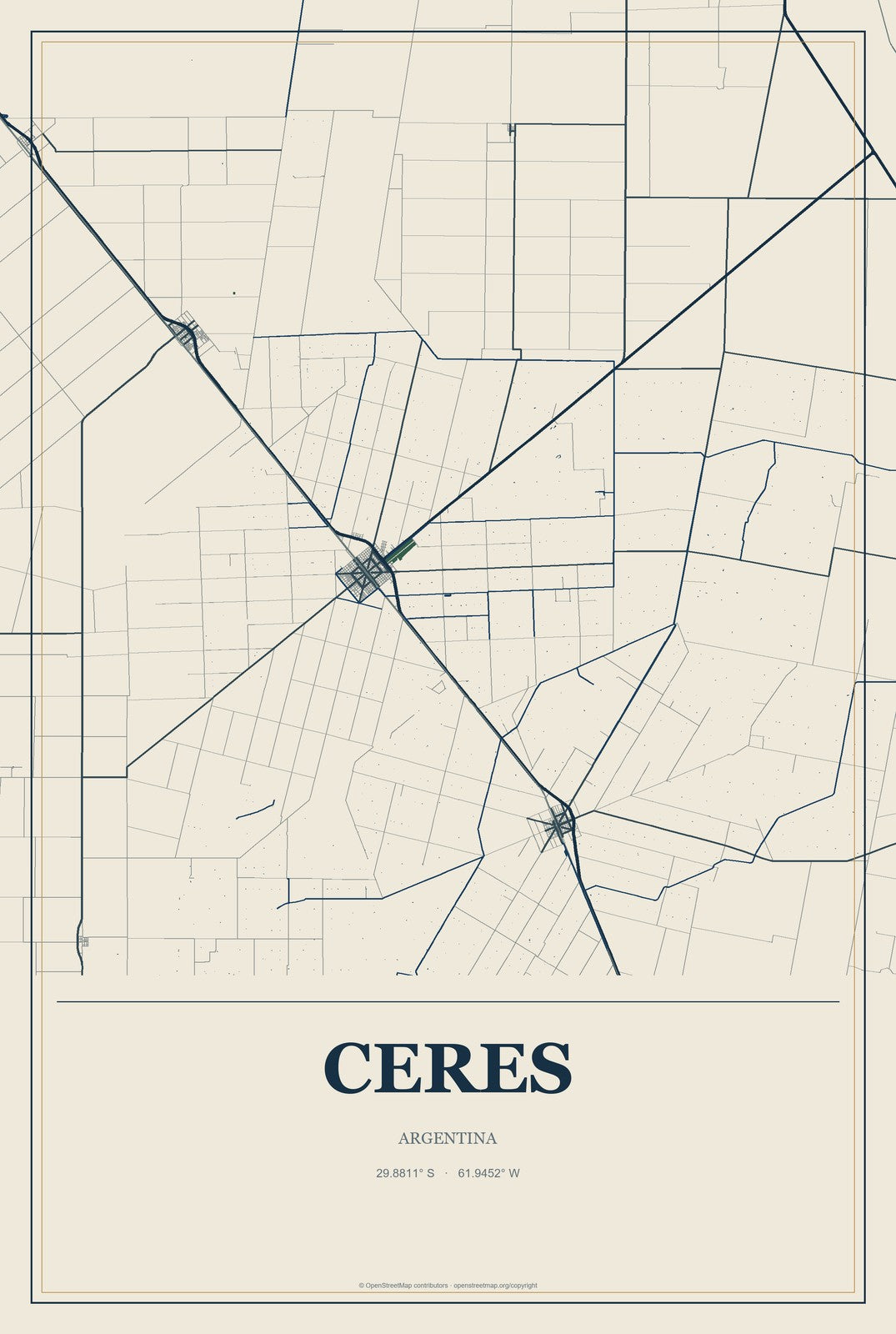 Ceres, Argentina City Map Aluminum Sign in Coastal Cutout style