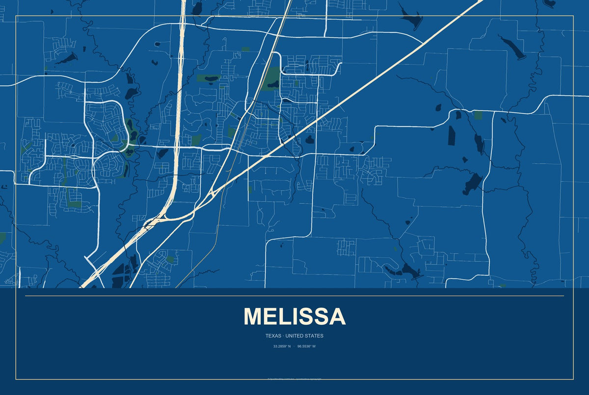 Melissa, Texas City Map Aluminum Sign in Harbor Cobalt style